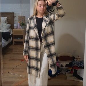 Le Lis Black and Cream Plaid Trench Coat